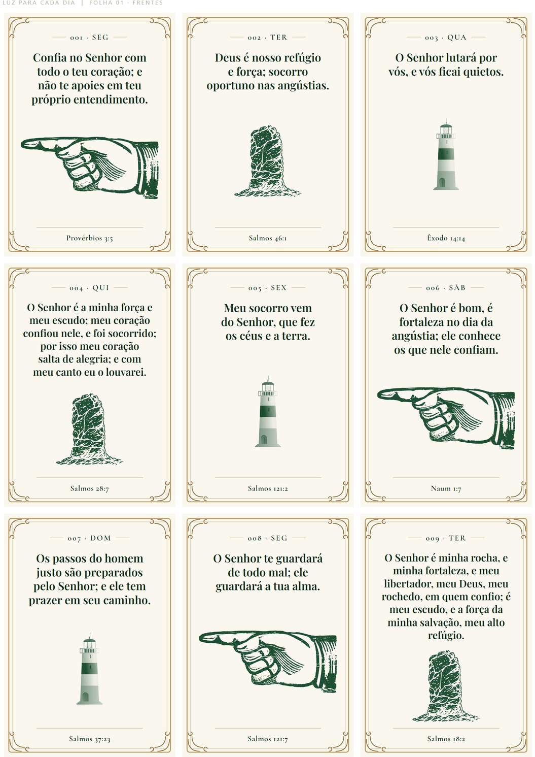 Folha 01 da coleção A Palavra de Cada Dia: nove cards com o versículo completo e gravura, prontos para recortar