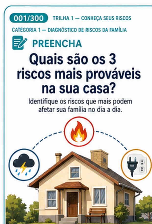 Card 001, do tipo Preencha, sobre os três riscos mais prováveis na sua casa