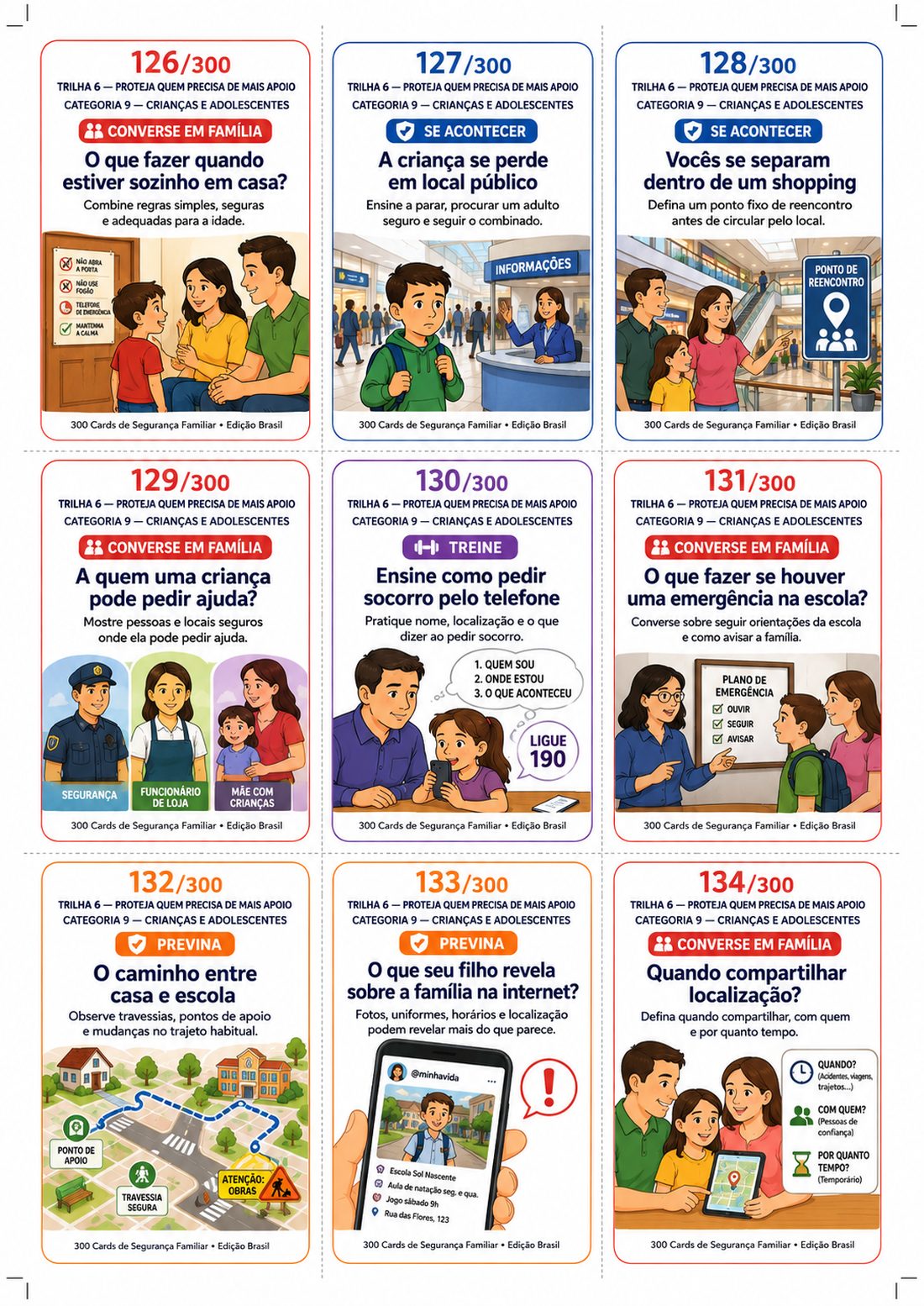 Folha com os cards 126 a 134, sobre proteção de crianças e adolescentes