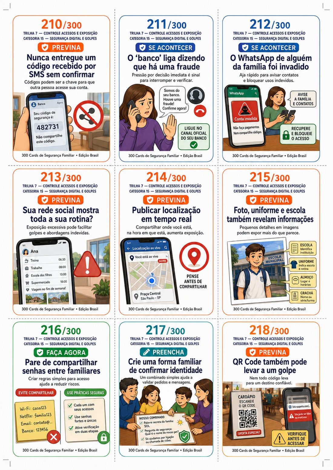 Folha com os cards 210 a 218, sobre segurança digital e golpes
